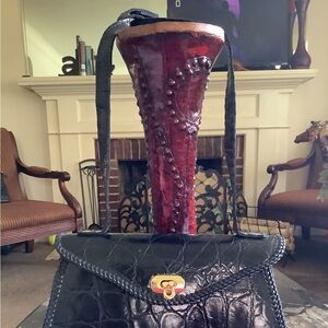 Vintage genuine black glossy crocodile leather trapezoid shoulder bag 11x7